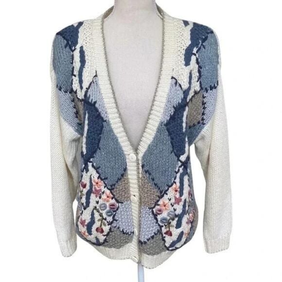 1980s Vintage Cottagecore Floral Knit Cardigan – White & Blue Diamond Pattern - Picture 3 of 12